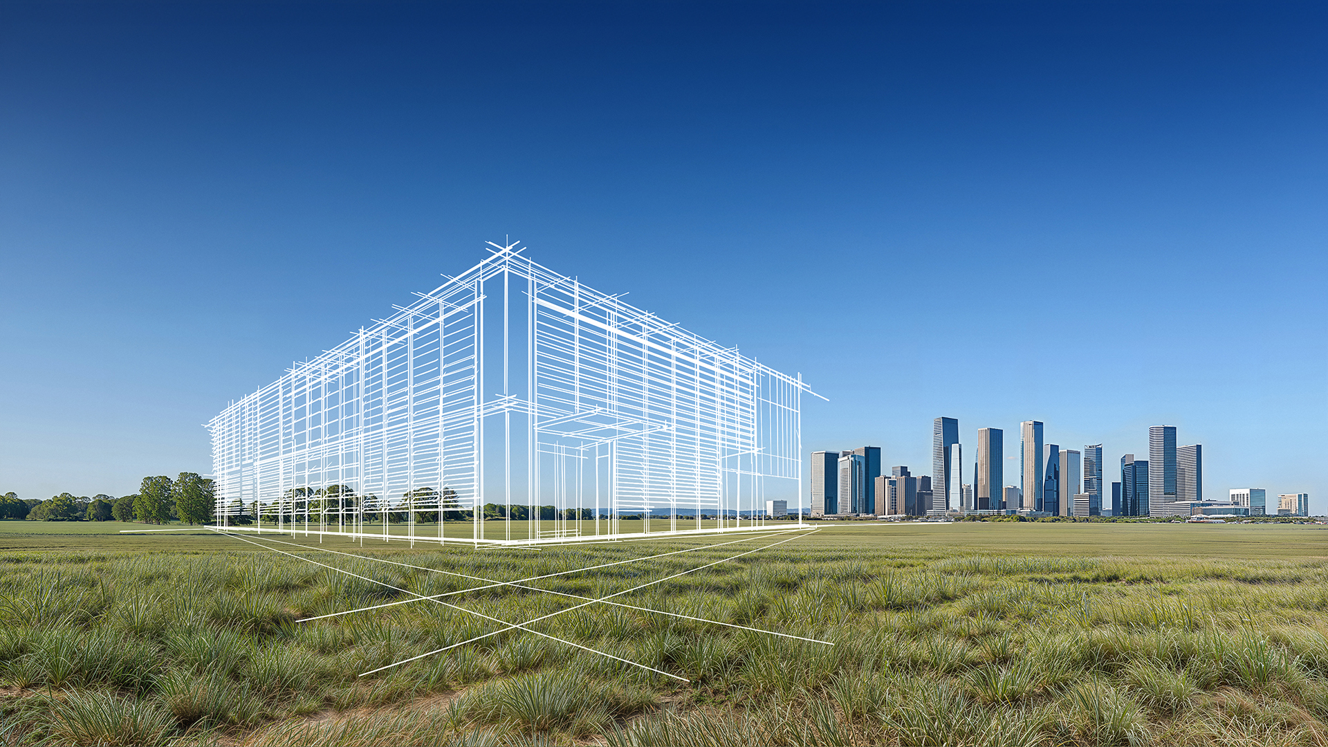 Ett fält med skissade konturer av en byggnad i förgrunden och en stadssilhuett i bakgrunden.